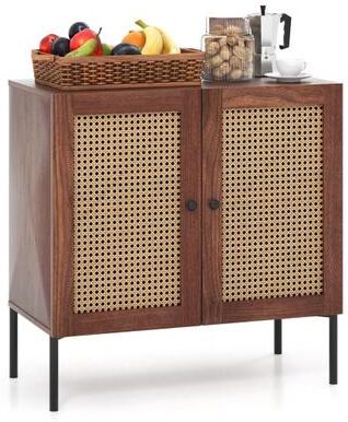 Costway Kitchen Sideboard with 2 Rattan Doors and Adjustable Shelf-Walnut