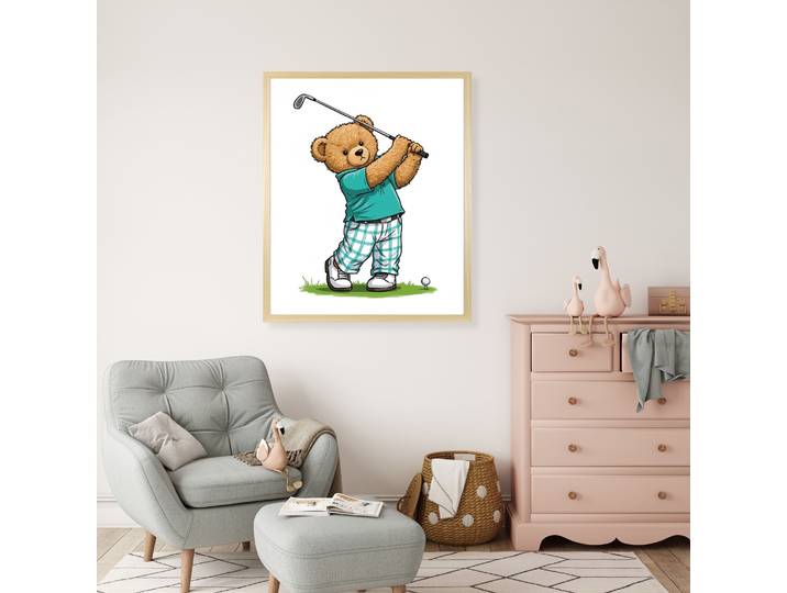 Bild mit Rahmen QUEENCE Teddy Bär auf Golfplatz , weiss (farbe rahmen: beige, farbe bild(er): türkis), B:50cm H:70cm T:1,5cm, Acrylglas, Holzrahmen, Bilder, Bild mit Rahmen, HD Premium Poster-Druck inkl. Echtholzrahmen in beige
