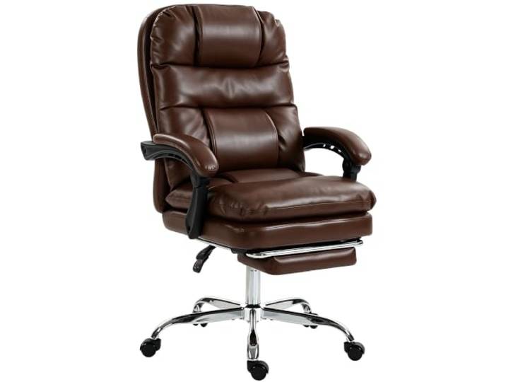 HOMCOM Bürostuhl aus PU-Leder, Verstellbarer Schreibtischstuhl, Braun Kopfstütze, Taschenfederkern, doppelte Polsterung, Fußstütze, höhenverstellbar, Rollen, ideal fürs Homeoffice