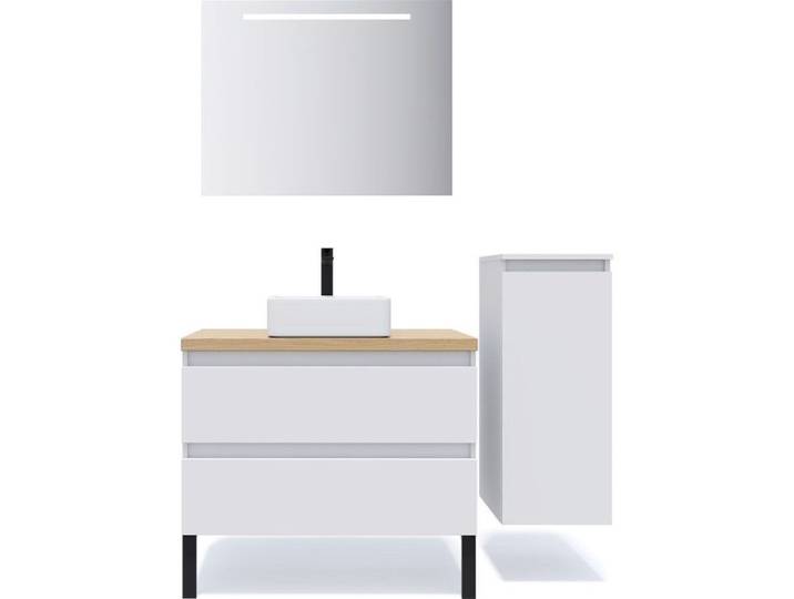 Ensemble salle de bain vasque posée 90cm 2 tiroirs Blanc + miroir + colonne droite - Hudson