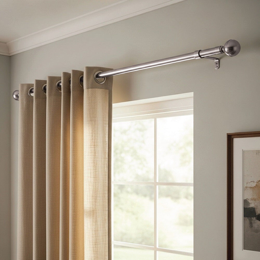 Symple Stuff Extendable Metal Curtain Pole, Adjustable Curtain Rod with Brass Finials & Rings Chrome 70cm - 120cm
