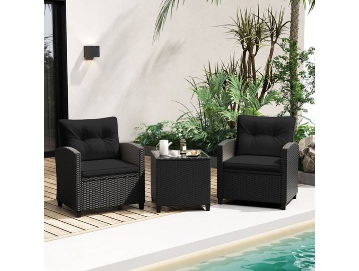 COSTWAY Ensemble Meubles de Jardin en Osier 3 PCS Table Basse et 2 Fauteuils Coussins de Siège et de Dossier Rembourrés Noir
