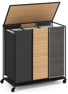 Costway 21.4 Gal Laundry Hamper with Lid 3-Section with 2 Lockable Wheels-Gray
