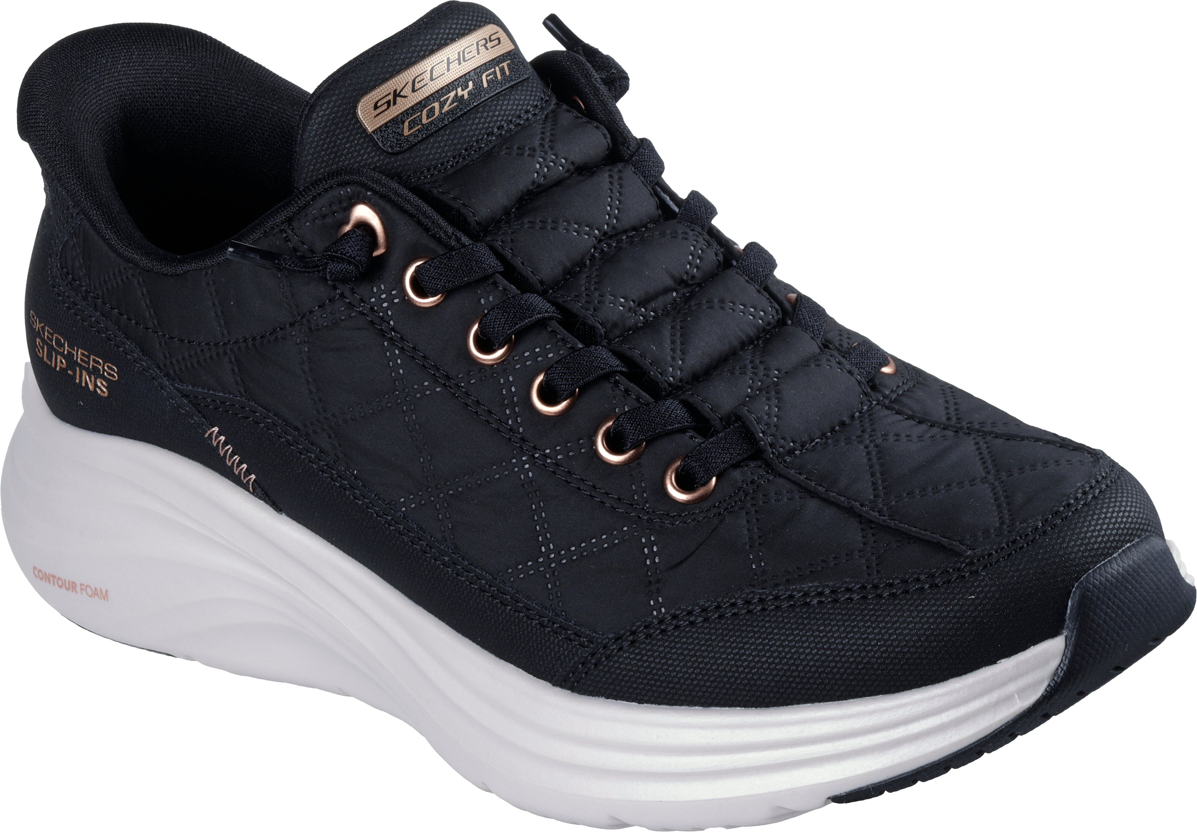 Slip-On Sneaker SKECHERS "CONTOUR FOAM-GOLDEN HOUR", Damen, Gr. 40, Textil, schwarz, Leder, Lederimitat, Mesh, gesteppt, Schuhe Slip-On Sneaker, Slipper, Freizeitschuh, Schlupfschuh mit Slip-Ins Funktion schwarz 40, Textil
