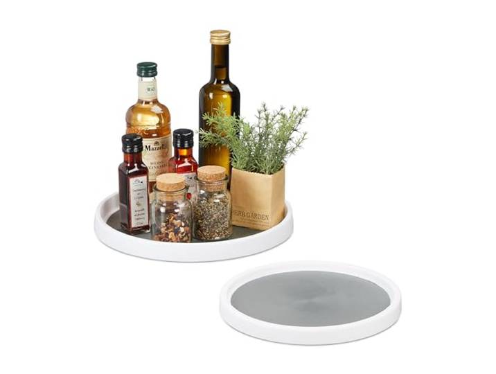 Relaxdays draaiplateau, 2-delige set, Ø 25 & 30 cm, draaibare koelkast organizer, voor badkamer, kruidenrek, wit/grijs