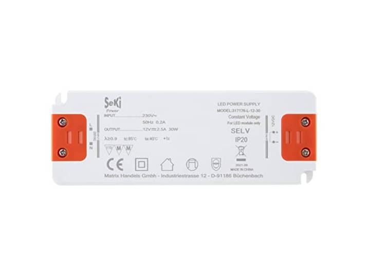 SeKi LED-voeding L-30-12 - 12V - 2,5A - 30W; LED Driver - Transformer - Voeding - Driver - Trafo, wit, 30 Watt (2,5 A)