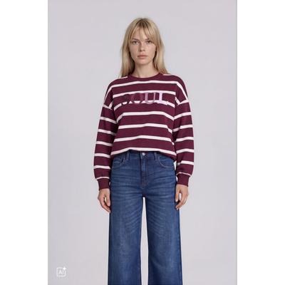 Sweater SMITH & SOUL, Damen, Gr. M, lila (plum), Sweatware, Material: 65% Baumwolle, 35% Polyester, bestickt, gestreift, oversize normal, Rundhals, eingesetzt Bündchen, Sweatshirts Sweater, mit Artwork