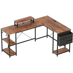 STILVORA Eckschreibtisch L Form 240x48x90 cm Braun mit Monitorständer Ablagen Kabeldurchführungen CPU Ständer Aufbewahrungstasche stabiler Metallrahmen