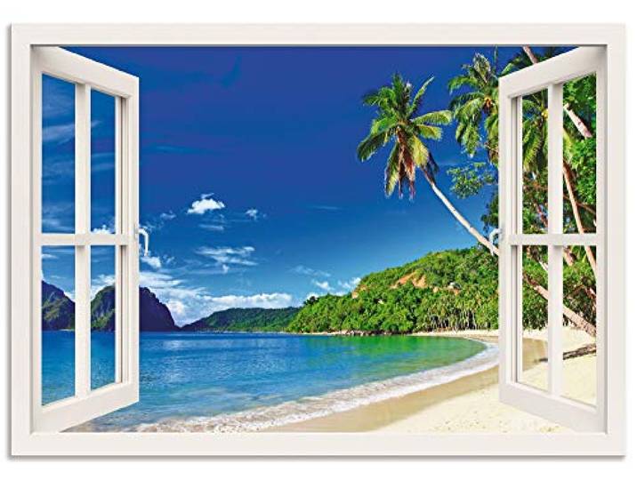 ARTland Wanddeko Wandbild Alu Verbundplatte für Innen & Outdoor Bild Fensterblick Karibik Südsee Strand Meer Insel Palmen Meerblick S9IB