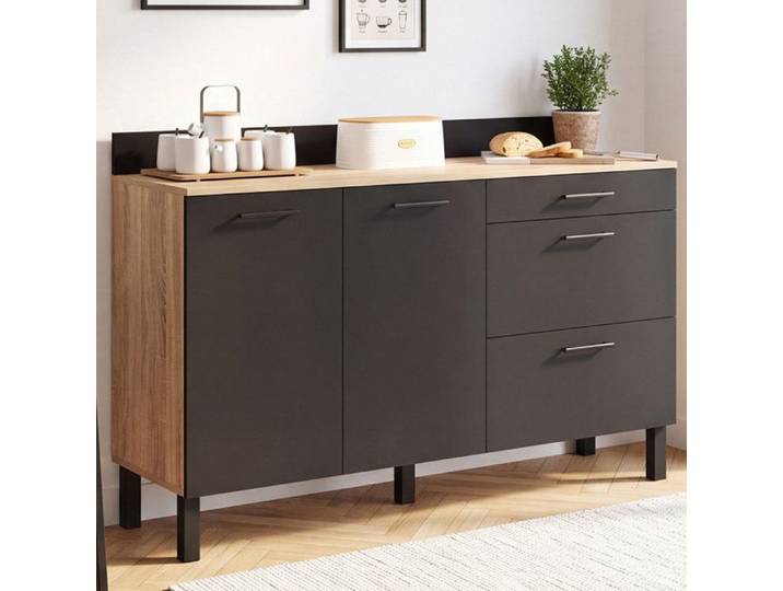 Buffet bas casserolier de cuisine 140 cm CINA 2 portes + 3 tiroirs hêtre et noir