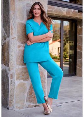 Plus Size Women's Plus Size Soft Knit Tunic with Notch Neckline by Roaman's in Ocean (Size 6X) Short Sleeve T-Shirt