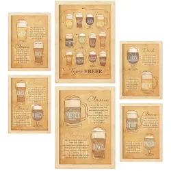 POSTER Set Mit 6 Biersorten Braun Vollfarbige Illustrationen Von Kaffee & Getränken Im Werbetafel Illustrationen A3 & A4 Rahmen Aus Hellem Holz
