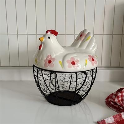 Discount Dollar Deals Rustic Hen Shaped Ceramic Egg Holder With Lid Farmhouse Kitchen Organizer pink Blossom