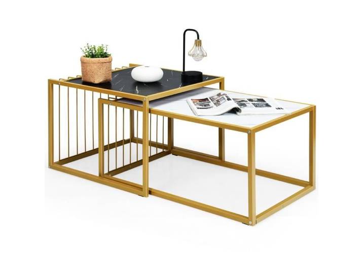 DREAMADE Ensemble de table basse Table Basse en P2 MDF Mélamine Marbre et Acier avec 2 Table de basse pour Salon Chambre