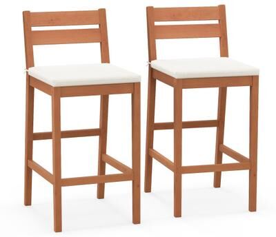 Costway Set of 2 Outdoor Wood Barstools with Soft Seat Cushion-Off White