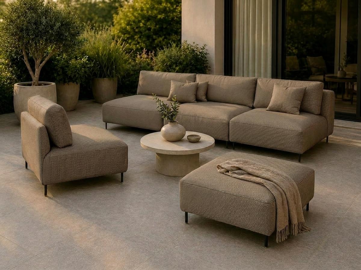 Garten Lounge Set SUN - Outdoor Möbel Set mit Sofa, Sessel und Hocker, UV-beständig und wasserabweisend