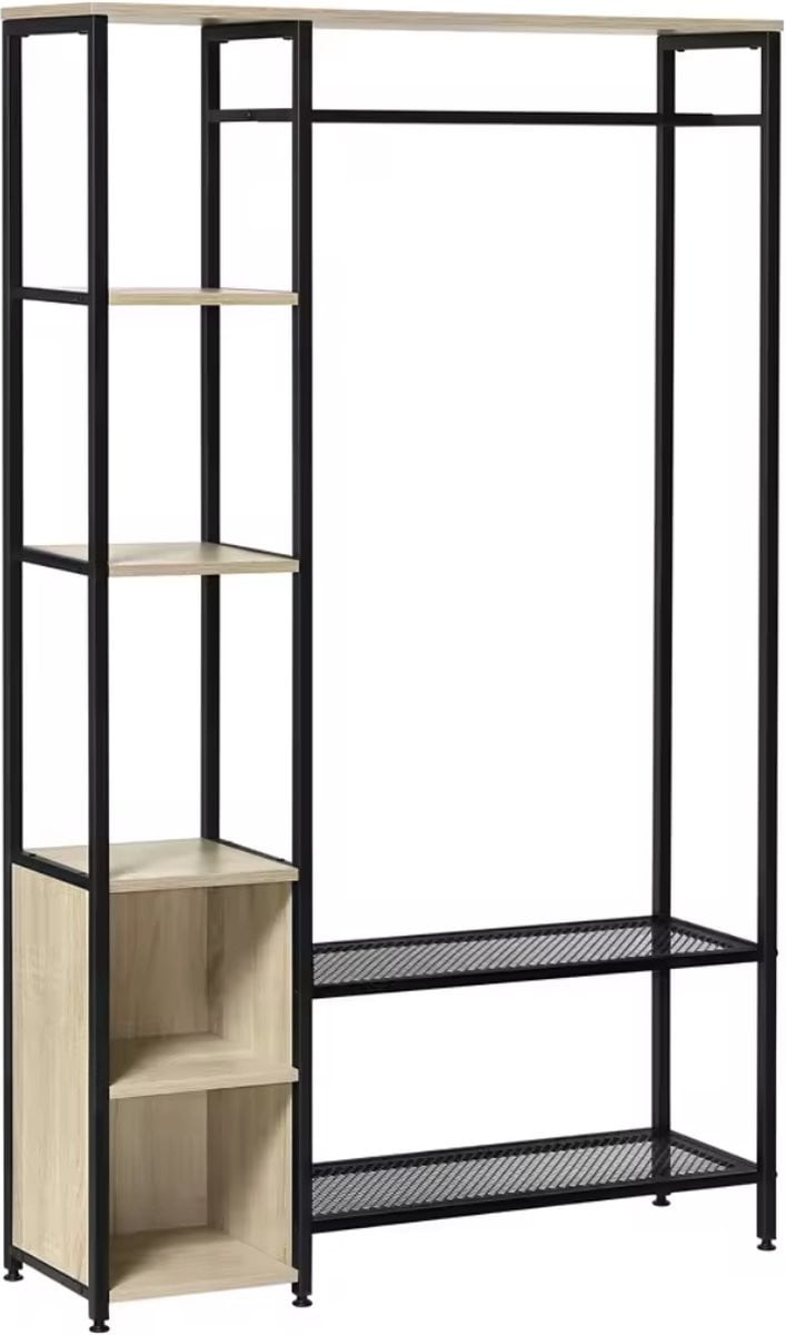 J&R Kapstok Kledingrek Garderobekast met Planken en Stang - Industrieel - Hout en Metaal - Light Oak