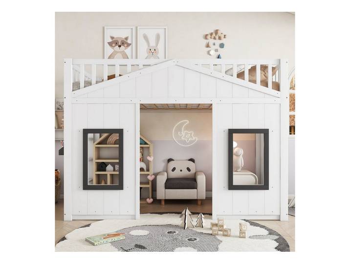 SOFTWEARY Hochbett mit Lattenrost und Spielraum (90x200 cm) Kinderbett mit Rausfallschutz und Trittleiter, Kiefer