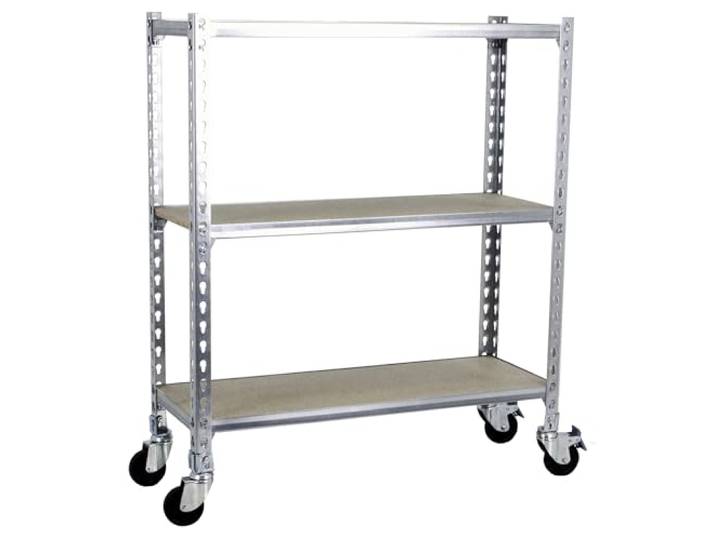 Simon Rack Metallregal mit Rollen 975x1000x400 mm - Maderclick 3 Höhen, Holzablage, Biegepunkt 75 kg, Korrosionsschutzlackierung, Klicksystem-Montage, Verzinkt