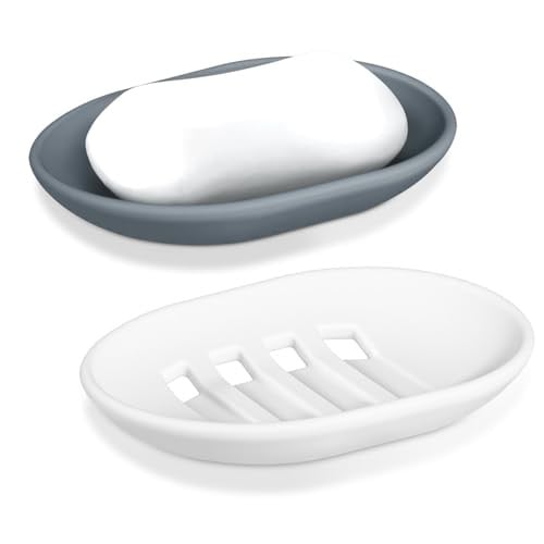 Set van 2 Siliconen Zeepbakjes met Afvoer - Antislip en Draagbaar - Grijs & Wit