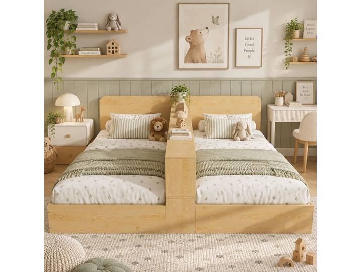 Lit enfant 2 places 90x200 cm - lit double en bois - Lit enfants séparé avec rangements - FSC - Natural