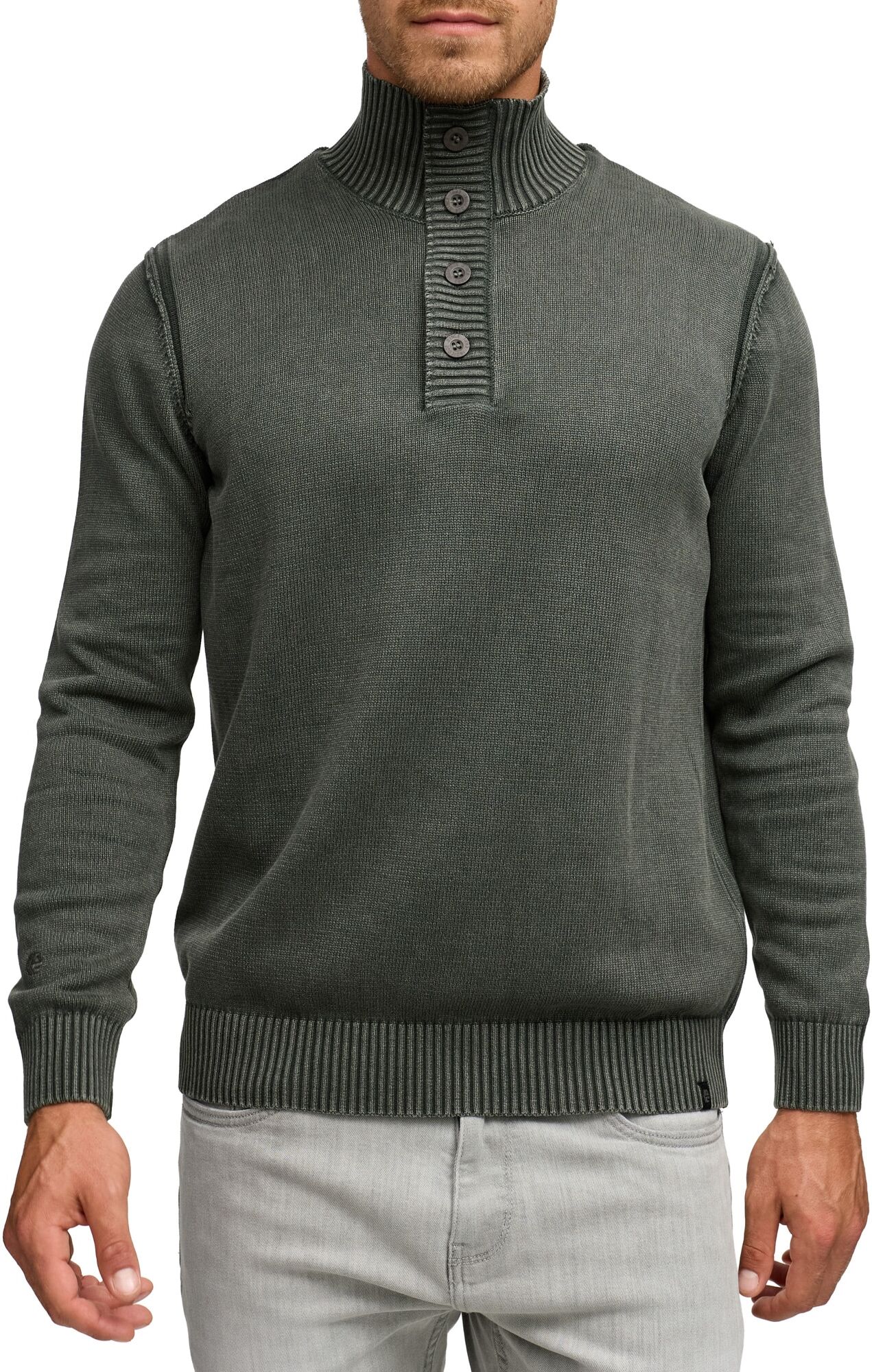 Strickpullover INDICODE "INNiels ½ Placket", Herren, Gr. S, grün (raven), Strick, Obermaterial: 100% Baumwolle, unifarben, regular fit, Pullover Strickpullover raven S