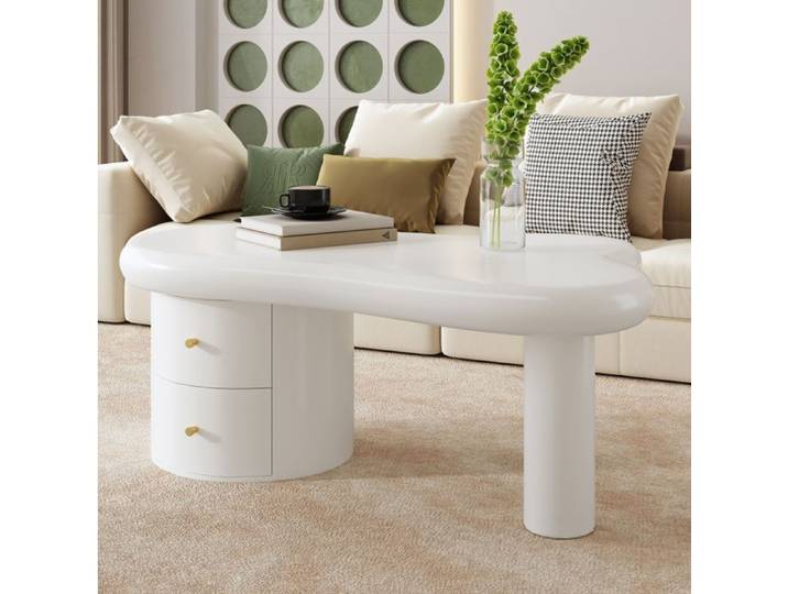 Table basse blanche asymétrique avec 2 tiroirs de rangement 97x64x42 cm en MDF design moderne pour salon ORVRYN