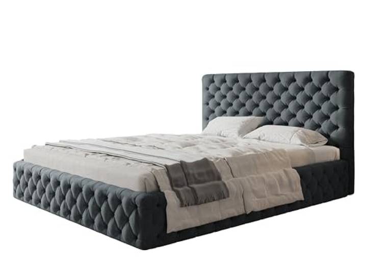 AlpiMeble Polsterbett 160x200, Jasminstoff, Holzrahmen, Dunkelgrau Bett, Betten mit Bettkasten, Modern Betten, Weicher Stoff, Kollektion Slim Miami