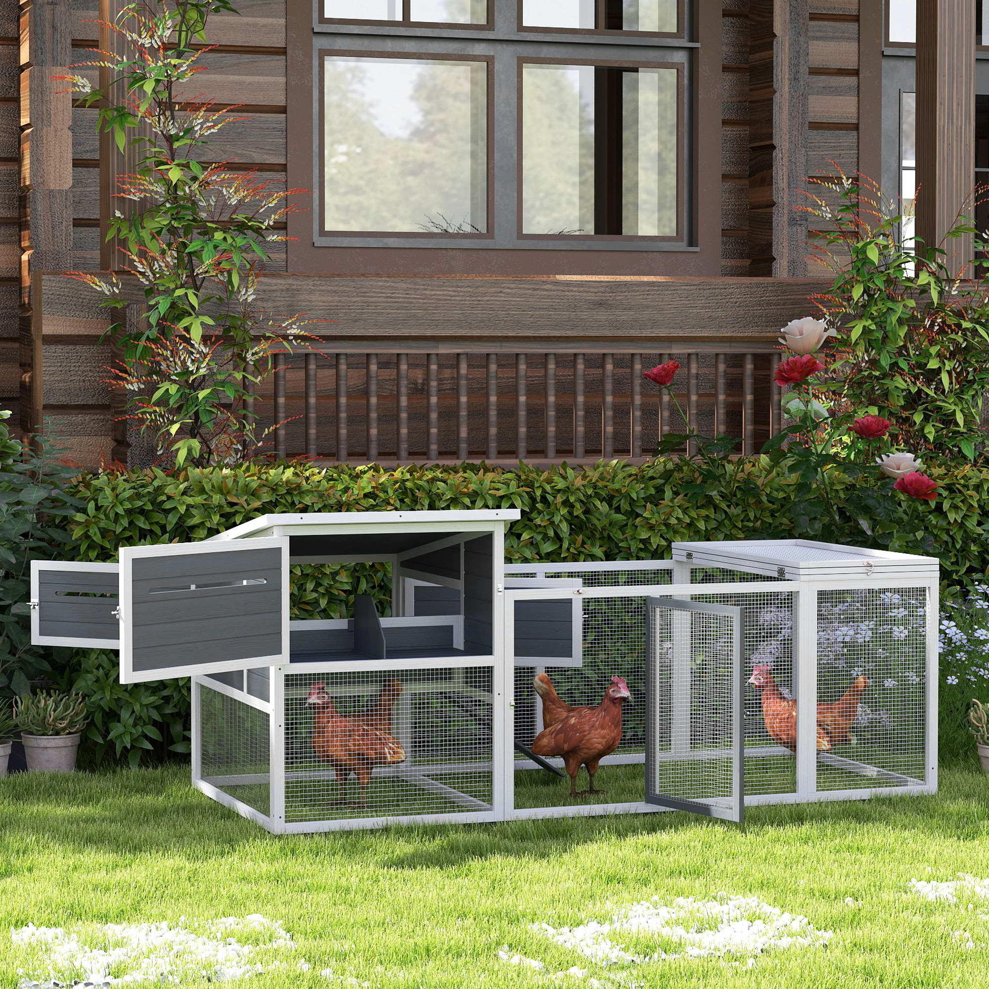 Pawhut Pollaio per Galline con Casetta, Nido per Cova e Area Esterna, 214x101x 91.5cm, Grigio