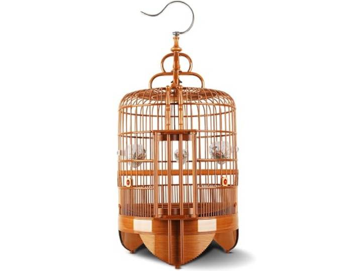 Kx9Lb8d Tragbarer Papageienkäfig Handgemachter Vogelkäfig aus Bambus, rund, chinesischer Stil, mit Haken for Aufhängen, Stare, Retro-Design(Groß)