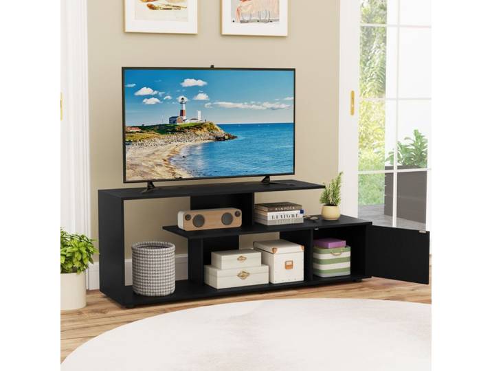 COSTWAY 55  Meuble TV à 3 Niveaux 1 Porte et Étagère Ouverte Centre de Divertissement pour Salon Chambre Noir