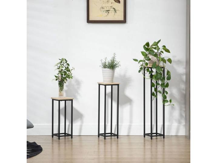 Ensemble support plantes 3 pièces tabouret et support pots acier noir naturel pour jardin balcon terrasse déco