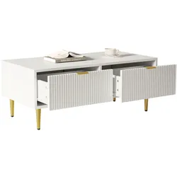 OKWISH Couchtisch 100x50x40 cm Weiß MDF 2 Schubladen Metallbeine Moderner Wohnzimmer Tisch Aufbewahrung Ablagefunktion Gold Akzent