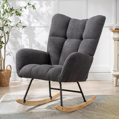 Kodotan sofa Teddy Fabric Wingback Glider Rocker with Side Storage Pocket, Soft Comfy Nursing Rocking Chair, Sturdy Safe Solid Wood Base