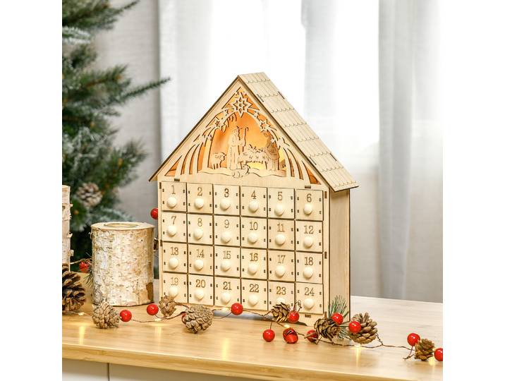 HOMCOM Calendrier Avent Bois 24 Tiroirs LED 26,6x6x30cm