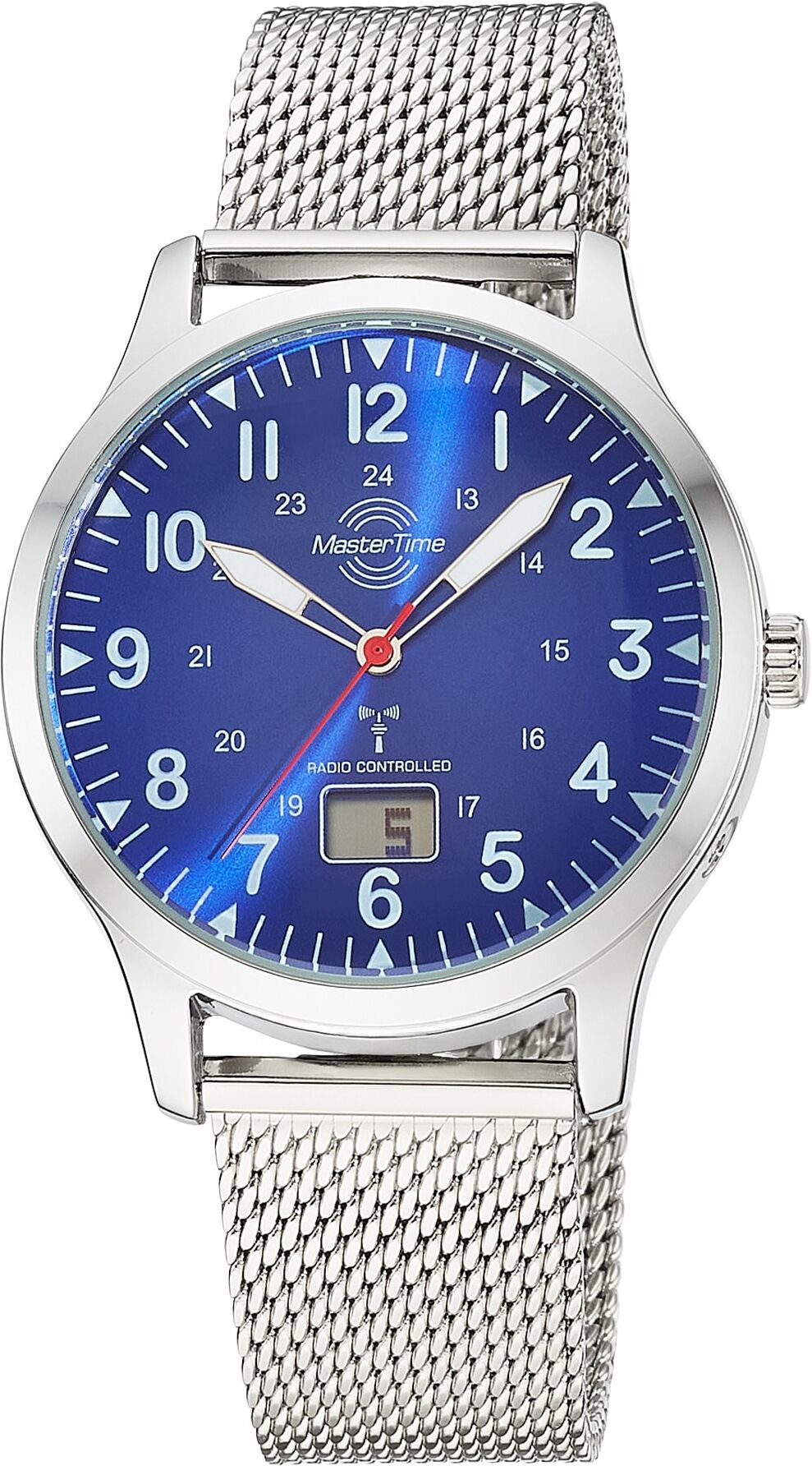 Funkuhr MASTER TIME "Aviation", blau (stahlgrau, blau, blau), Armbanduhren, Herren, silberfarben, Funkuhr, Quarzuhr, Armbanduhr, Herrenuhr, Edelstahlarmband, analog, digital