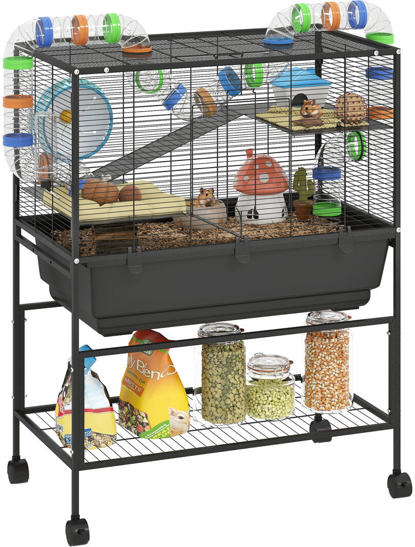 PawHut Hamster Cage 3 Tier Gerbil Cage on Wheels with Storage Shelf Black 106.5cm H X 82cm W X 45cm D