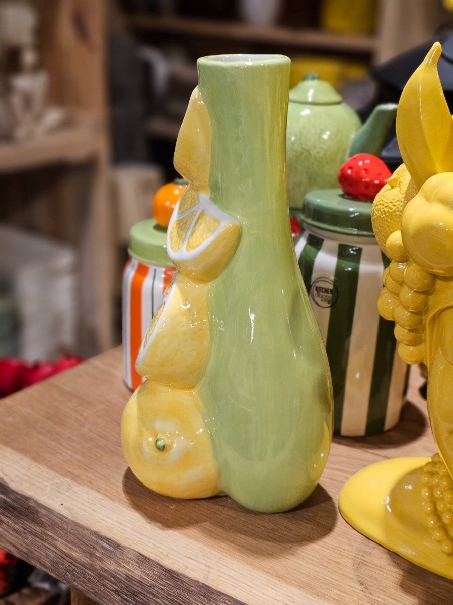 Groene keramische vaas met citroenmotief - Hoogte: 28,5 cm