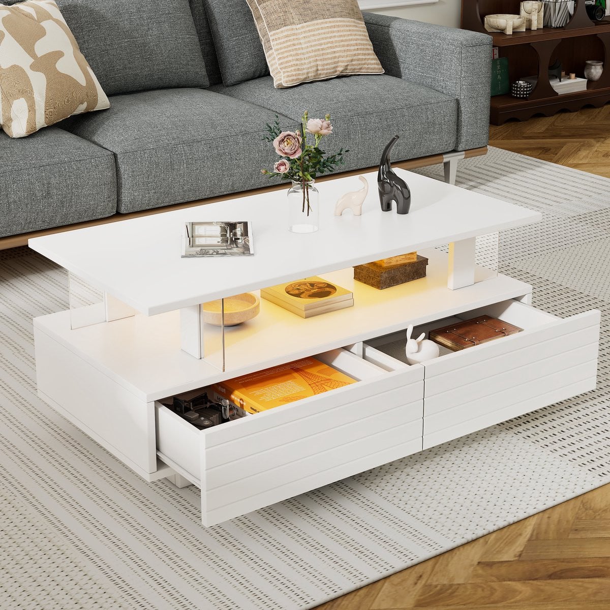 Merax Salontafel met opbergruimte en LED-verlichting in wit met Bluetooth-bediening