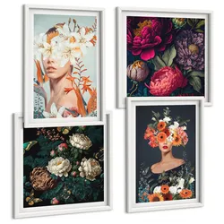 BILDER SET 4er Set - 50x50 cm & 40x60 cm Weißer Rahmen - Blumenporträts, Sträuße, Blätter