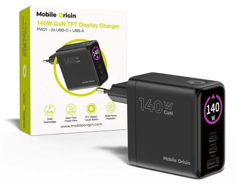 Mobile Origin Mobiele oplader PW21 140W GaN met display, 2x USB-C + USB-A