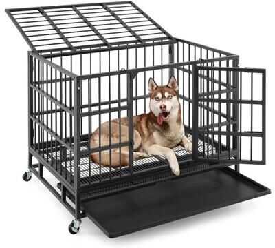 Costway 38 Inch Foldable Heavy-Duty Metal Dog Cage with Lockable Rolling Casters and Tray-38 inches