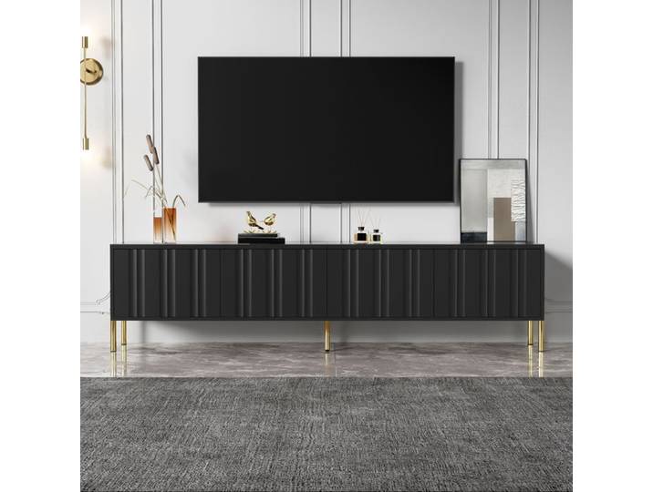 Meuble TV Noir 190x38x48 cm pour TV 50-59 Pouces LEMLIT Meuble TV 4 Portes 8 Étagères Pieds Dorés Façades Rainurées MDF - Noir