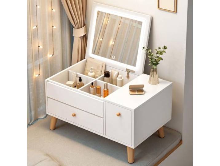 Dalumian Schlichter Schminktisch für Erkerfenster, moderner Schminktisch Kompakter Holzschminktisch mit Schubladen für Tatami-Matten, Schlafzimmer, Weiß