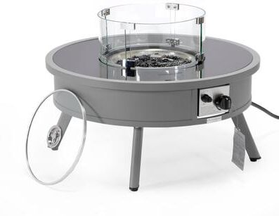 LeisureMod Walbrooke 29 Inch Modern Aluminum Outdoor Propane Fire Pit Table 37000 BTU Glass Shield Lid Fire Glass