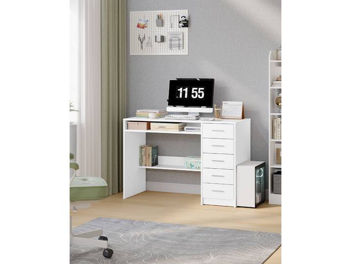 Bureau, bureau d'ordinateur avec 5 tiroirs, table de bureau au design minimaliste, table PC moderne, adapté pour l'étude, le bureau