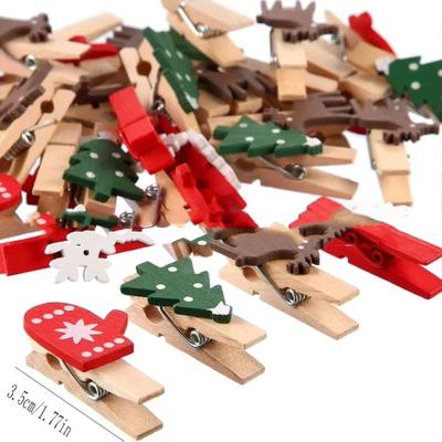 Inspire Select Mixed Style Christmas Wooden Photo Clips Festive Clothespin Pegs With Elk, Snowflake & Tree Designs For Holiday Decor 100 Pcs