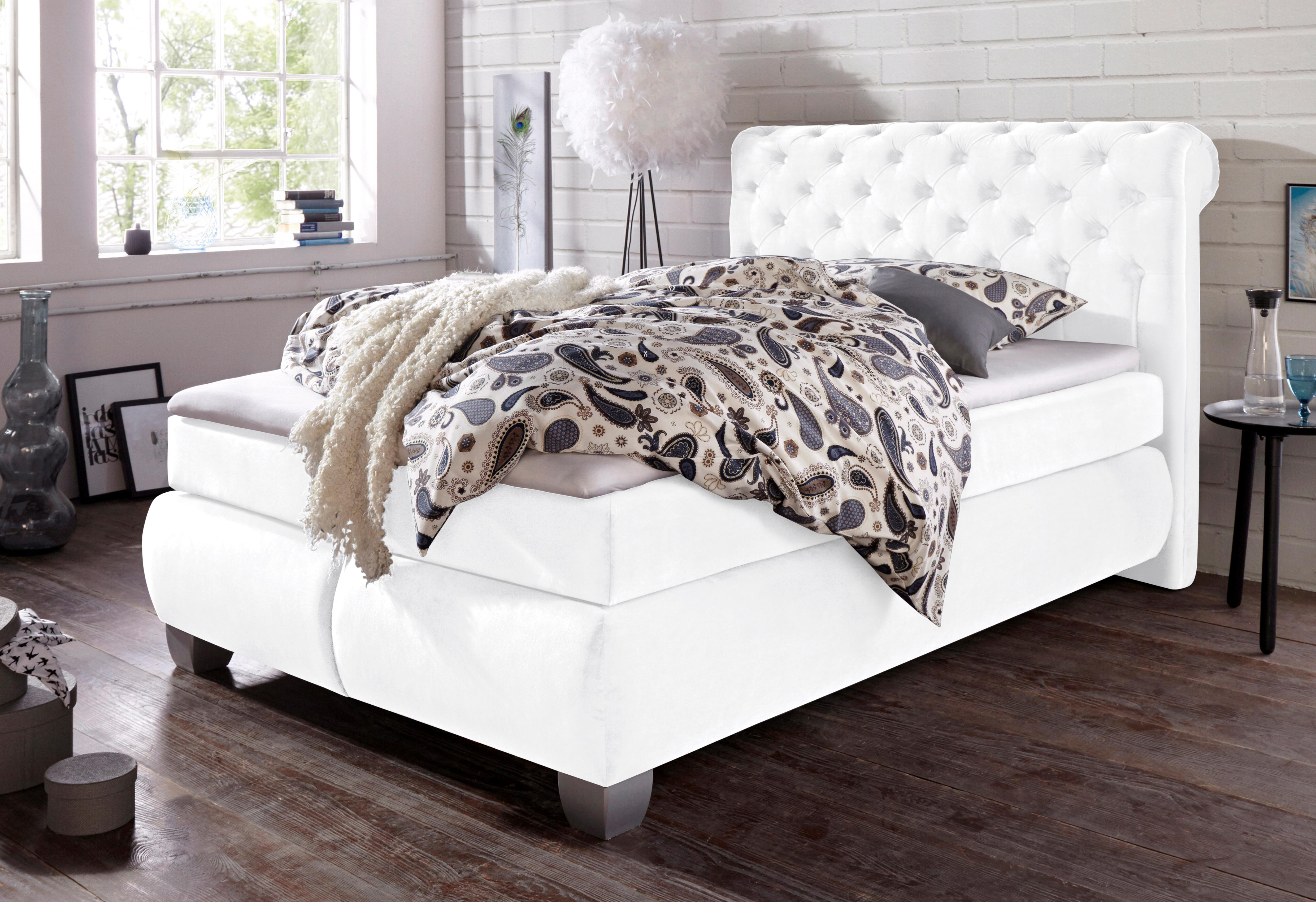 Boxspringbett HAPO, weiss (weiß), B:154cm L:230cm, Spiegelflächen der Oberseite der Unterfederung und die Ober- und Unterseite der Obermatratze sind jeweils mit einem rutschhemmenden Stoff aus 100% Polyester bespannt.;Kopfteil, seitliche Unterbox und Ober