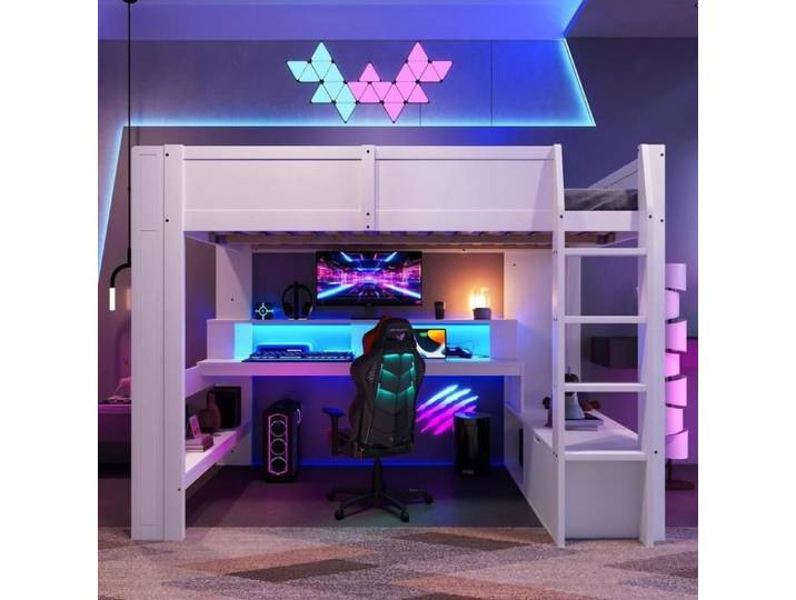 Lit mezzanine - KOMHTOM - gaming - 140x200 cm - bureau + tiroir + étagères - LED 16 couleurs
