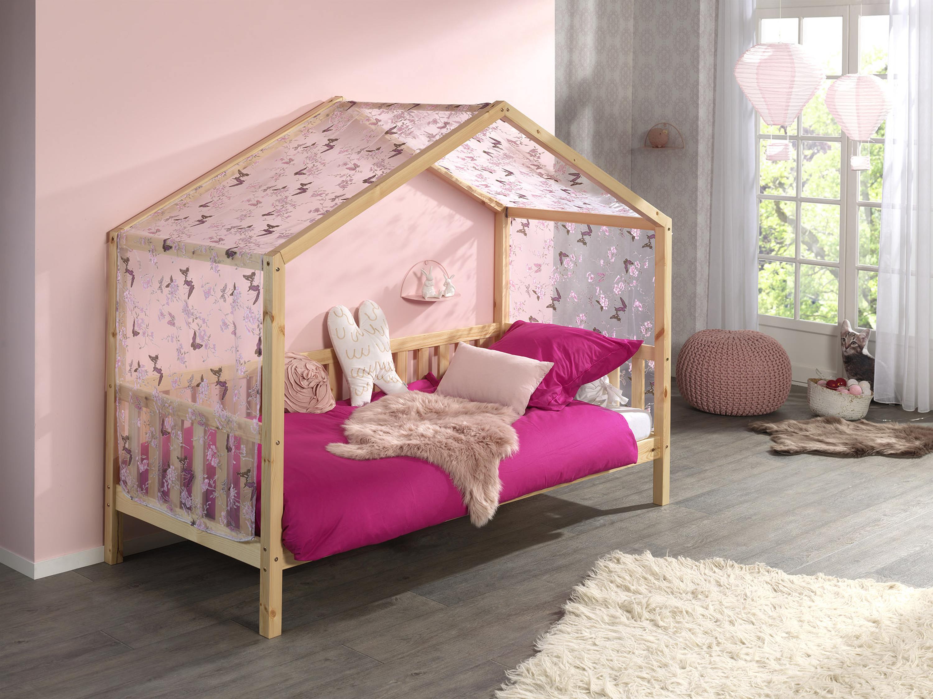 Vipack Dallas 1 Hausbett mit seitlicher Umrandung 90 x 200 cm Liegefläche und Textilhimmel, Natur